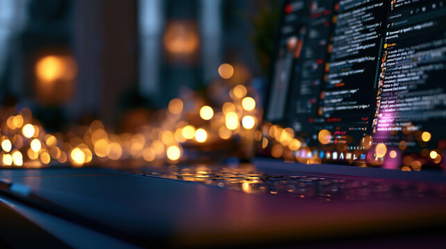 Laptop computer coding programming software bokeh light dark night workspace Sleek laptop computer with coding screen and glowing bokeh light dark night workspace creating atmospheric focus modern