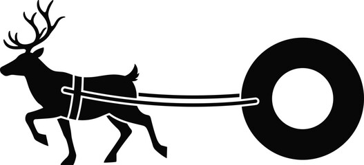 Black silhouette of a reindeer pulling a large tire, stylized animal pulling winter sports equipment. © MST MOZIDA