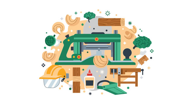 Professional Woodworking and Carpentry Tools Illustration with Thickness Planer, Wood Shavings, and Safety Equipment. Flat Vector Art for Craftsmanship and DIY Projects.