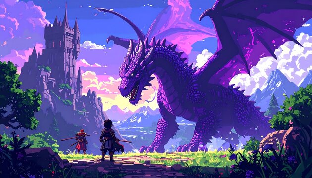 Pixelated purple dragon facing two warriors near castle