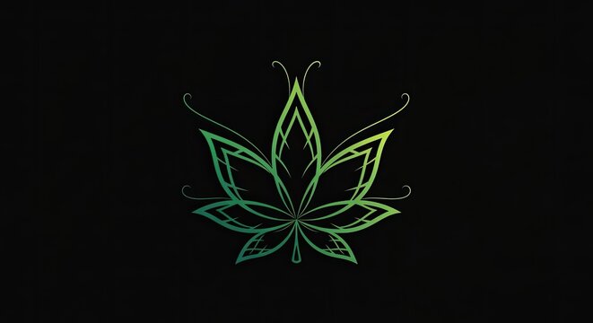 Glowing green cannabis leaf outline on black background.