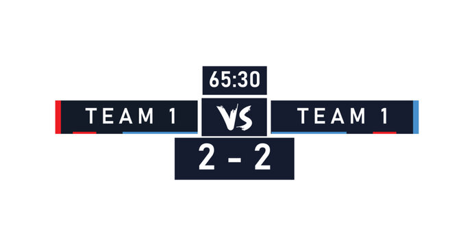 Professional digital scoreboard for live sports broadcast showing match score for team one versus team two on screen.