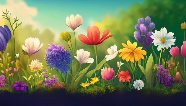 different flowers row ground banner garden foreground created illustrator spring loosely cropped science poster promotional attribution company joy life