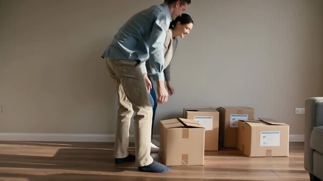 Entering man carrying medium box from left, couple placing boxes in living room preparing to unpack