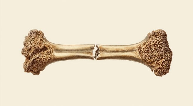 Close-up of a broken bone with porous ends against a plain background.