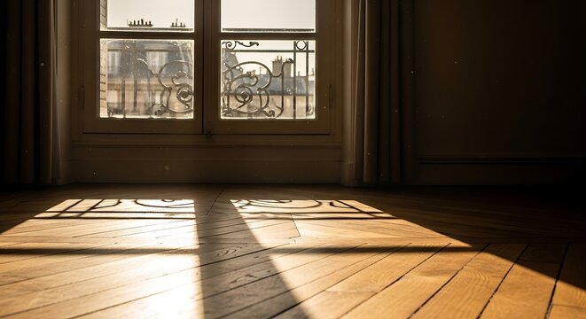 Golden sunset sunlight streaming through window onto rustic hardwood floor creating geometric shadows