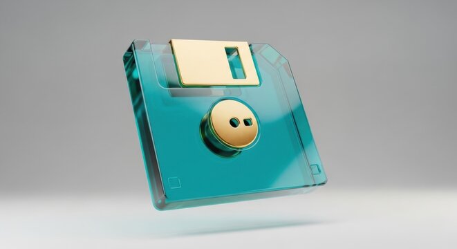 3D illustration, teal floppy disk, retro computer storage, nostalgic technology