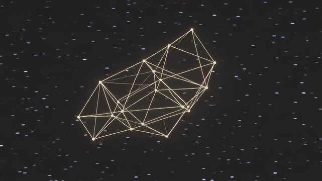 Animation starting glowing wire mesh rotating and tilting in starfield revealing facets and nodes