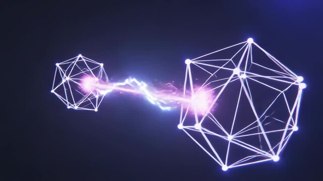 Sparking at contact points, magenta-blue arc linking two wireframe polyhedra across dark navy void