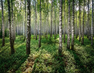 Obraz premium dense birch tree forest with green undergrowth vegetation