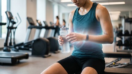 Fototapeta premium Man drinking water during workout in fitness gym