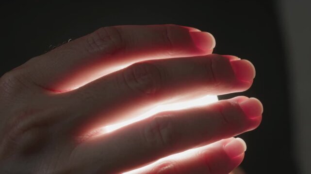 Adjusting adult hand revealing widening backlight between fingers in dim room close-up, lens flare