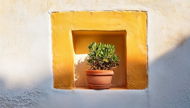 small terracotta potted plant sitting in rectangular wall niche of weathered white and yellow stucco house exterior for rustic mediterranean travel aesthetic