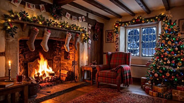 Traditional English cottage at Christmas &mdash; roaring stone fireplace, stockings on the mantel, snow outside the mullion windows &mdash; magical cozy seamless looping background

