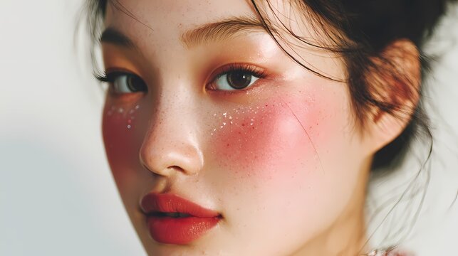 Close-up portrait of young woman with natural red blush makeup on high cheekbones in soft light