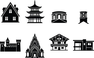 Naklejka premium Vector silhouettes of diverse architectural structures including house, pagoda, rotunda, bell tower, castle, temple, chalet, and modern building