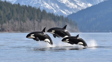 Obraz premium Majestic Orcas Jumping in Crystal Clear Waters of the Coastline