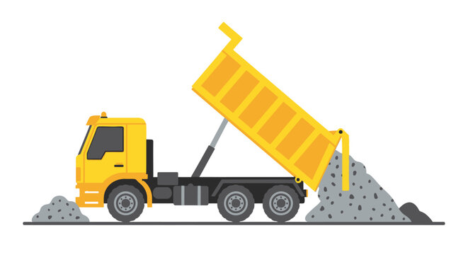 Yellow Dump Truck Unloading Gravel Vector Illustration. Industrial Tipper Truck Graphic for Construction and Logistics Concepts.