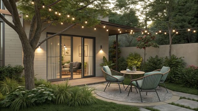 Evening outdoor dining setup with string lights in cozy backyard patio