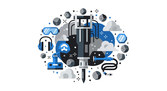 Industrial Jackhammer and Construction Tools Vector Illustration - Professional Demolition and Mining Equipment Graphic
