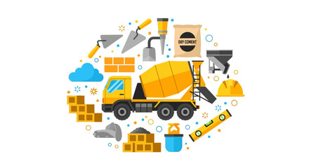 Fototapeta premium Construction Site Equipment and Building Materials Flat Vector Illustration Featuring Cement Mixer Truck, Bricks, and Professional Hand Tools