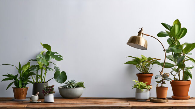 Indoor Potted Houseplants on Wooden Shelf with Blank Wall