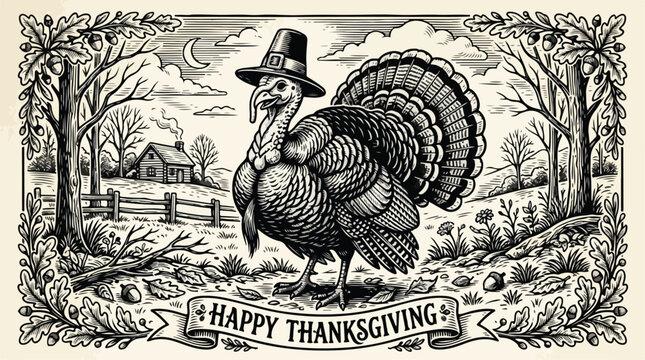 Turkey wearing pilgrim hat in a rural landscape for thanksgiving