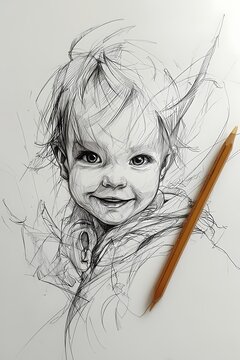 Smiling toddler girl chaotic pencil sketch drawing on white paper with graphite stick