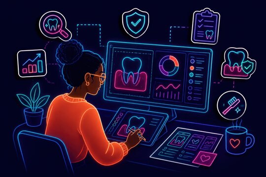 Neon digital dentistry workflow with woman using a tablet and glowing dental health interface
