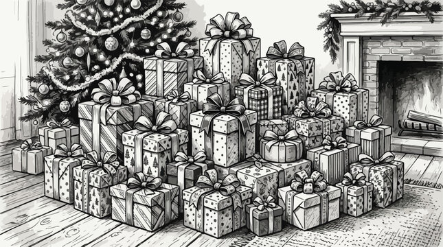 Pile of christmas presents in front of tree and fireplace