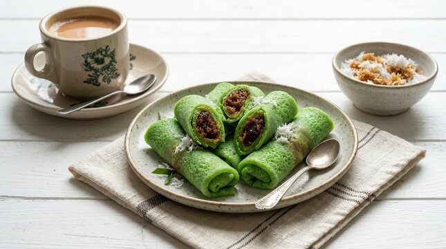 An appetizing high-angle shot of sweet Indonesian dadar gulung green pandan crepes filled with grated palm sugar coconut on a plate, served with a vintage kopitiam milk coffee and extra toppings.