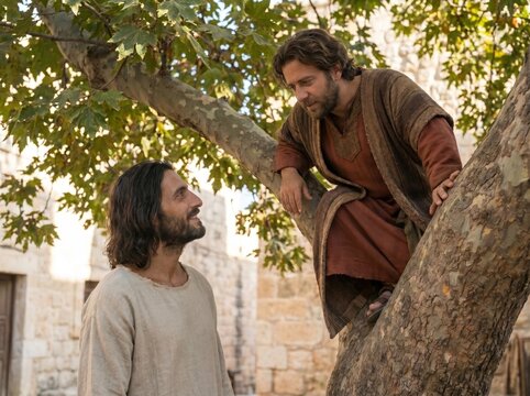 Jesus Calling Zacchaeus Down from Sycamore Tree in Ancient Village