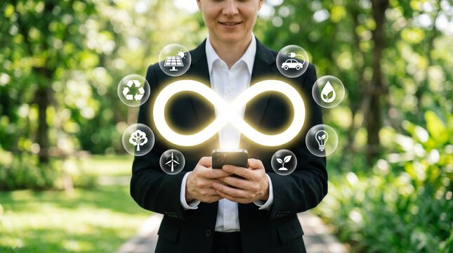 Businessman in a park interacting with eco friendly technology icons on his smartphone