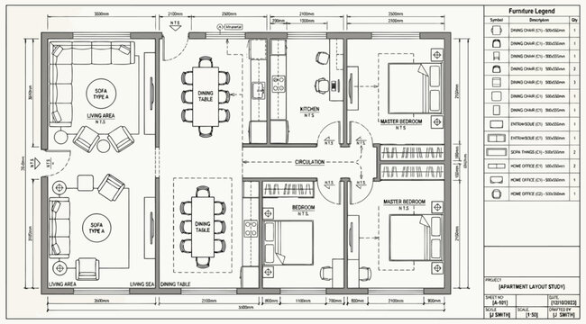 Detailed architectural floor plan with furniture legend