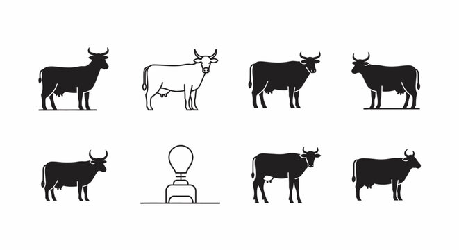 Vector illustration of various cattle and livestock breeds in minimalist silhouette style