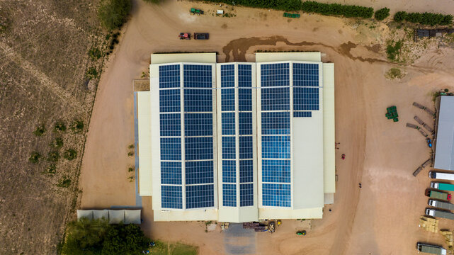Aerial view of industrial solar panel installation