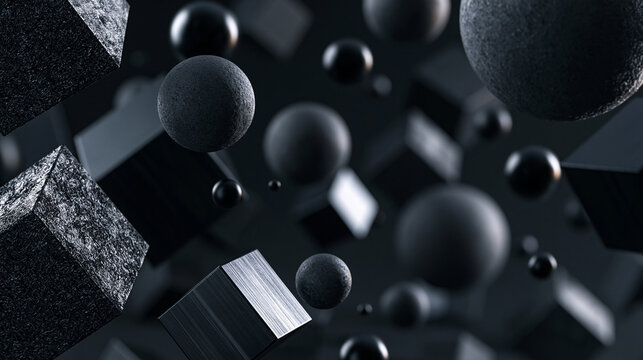 Abstract 3D geometric background with floating black spheres and textured cubes