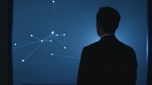 Standing man in dark suit, white collar, studying lit network display in dim gallery, copy space