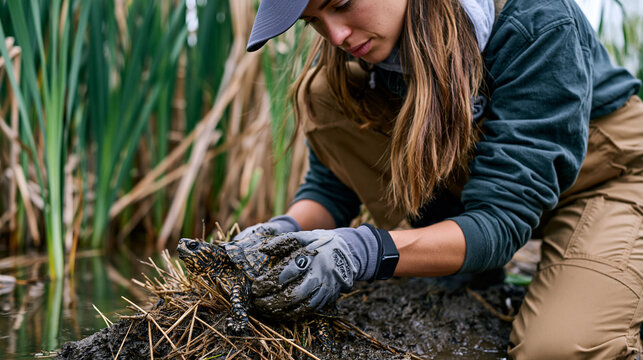Habitat volunteer carefully releasing a tagged juvenile turtle near a marsh edge, kneeling in the mud with protective gloves on, overcast dramatic sky reflecting off still water behind the tall catt