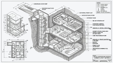 Obraz premium Technical architectural crosssection of a multilevel underground bunker facility with geothermal power and living quarters
