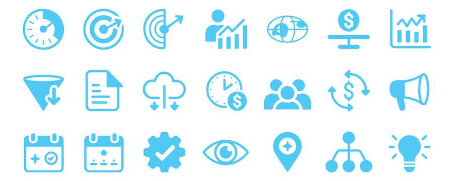 Collection of business and finance icons including time management and marketing symbols