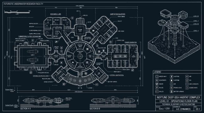 Detailed architectural floor plan of a futuristic deepsea research facility complex with modular laboratory sections