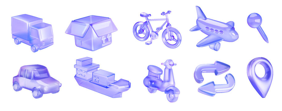 Collection of transparent glass icons featuring various transport and navigation elements. Includes car, bike, airplane, and map pin in sleek, modern design.