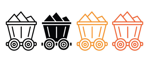 Mine cart icons featuring black and orange variations, representing mining operations, mineral transport, industrial extraction, and underground resource management. © ARIF AHMED 02