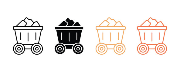 Mine cart icon set with black and orange design variations, ideal for mining industry graphics, ore transportation, excavation projects, and industrial applications. © ARIF AHMED 02