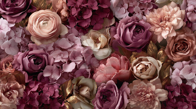 Luxury floral background pattern with roses hydrangeas and peonies in dusty pink and purple