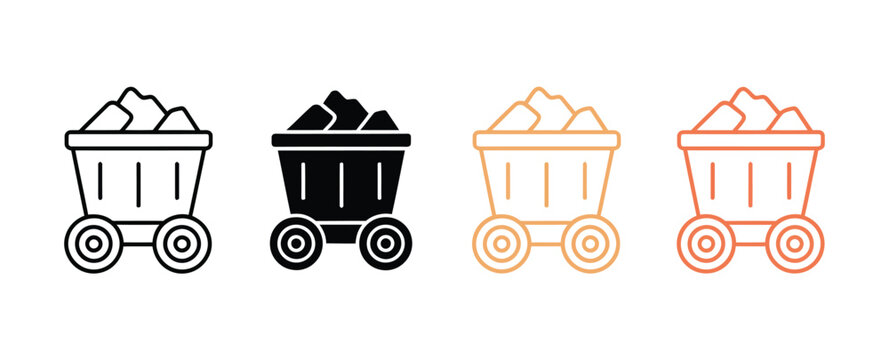 Mine cart icon set with black and orange design variations, ideal for mining industry graphics, ore transportation, excavation projects, and industrial applications.