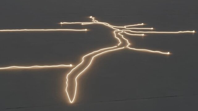 Spark sparking warm light trails, bright tips drawing and expanding on dark field forming network
