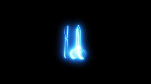 Glowing neon surgical scalpel and scissors animation 4k animation video on black background