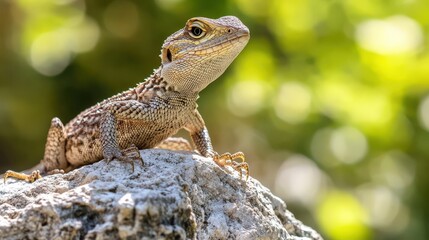 Fototapeta premium Small lizard rests on top of a textured rock in a sunlit natural environment.